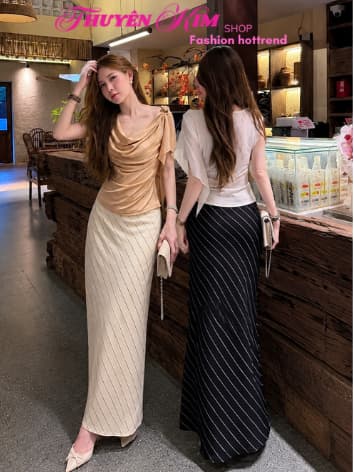 Set váy dài, Set áo kiểu lệch vai cổ đổ kèm phụ kiện phối chân váy chất Đũi sọc chéo dáng đuôi cá