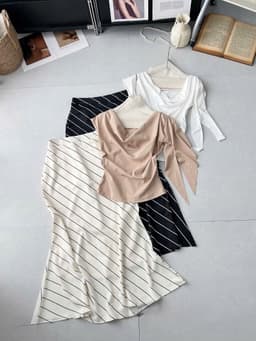 Set váy dài, Set áo kiểu lệch vai cổ đổ kèm phụ kiện phối chân váy chất Đũi sọc chéo dáng đuôi cá 7