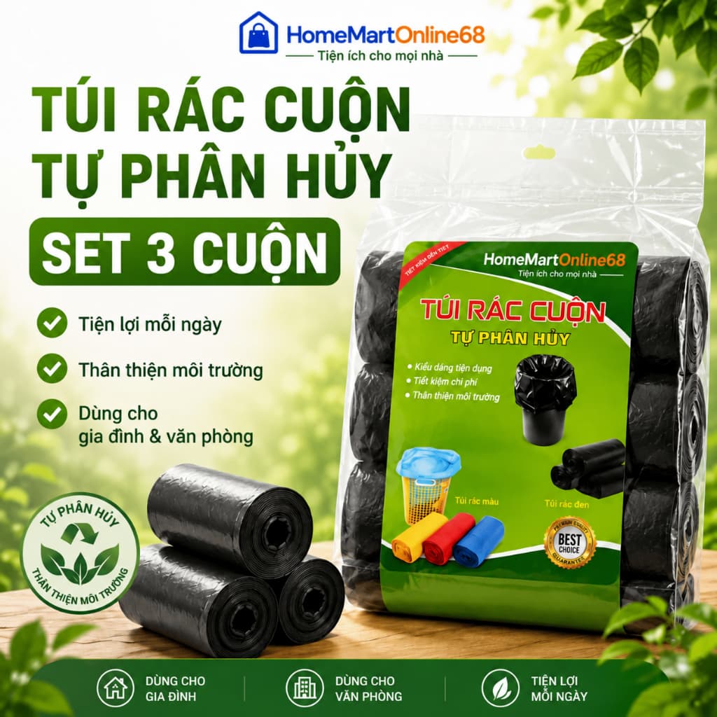 Set 3 Cuộn Túi Rác Tự Phân Hủy MimiHomeMart - Dẻo Dai, Khó Rách, Dùng Cho Gia Đình Và Văn Phòng