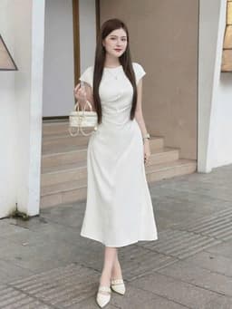 QCDX_Đầm váy dài, đầm đi tiệc, váy tiểu thư, đầm dáng dài xếp ly eo Chất Tuyết Nhung tay cộc 3