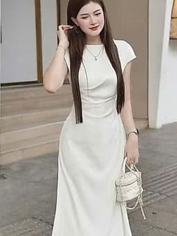QCDX_Đầm váy dài, đầm đi tiệc, váy tiểu thư, đầm dáng dài xếp ly eo Chất Tuyết Nhung tay cộc 4