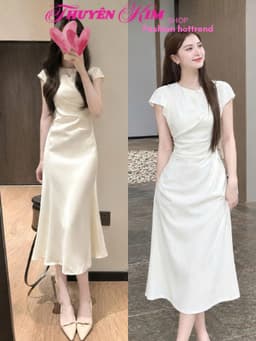 QCDX_Đầm váy dài, đầm đi tiệc, váy tiểu thư, đầm dáng dài xếp ly eo Chất Tuyết Nhung tay cộc 1