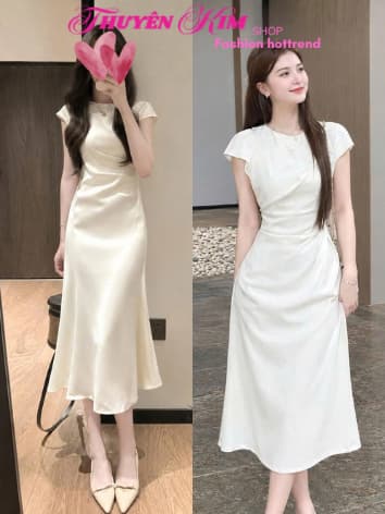QCDX_Đầm váy dài, đầm đi tiệc, váy tiểu thư, đầm dáng dài xếp ly eo Chất Tuyết Nhung tay cộc