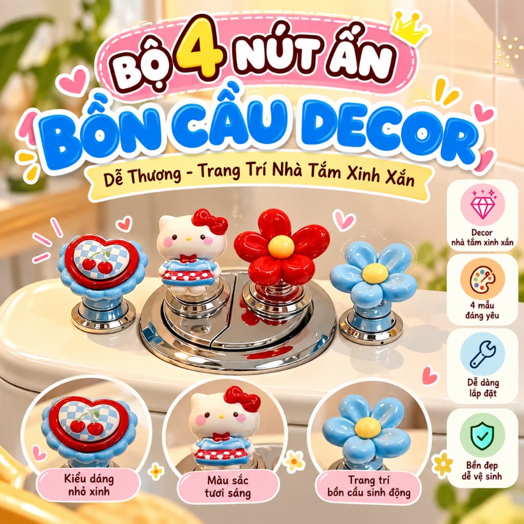 Bộ 4 Nút Ấn Bồn Cầu Decor Dễ Thương, Nút Nhấn Xả Bồn Cầu Trang Trí Họa Tiết Hoa Trái Tim, Phụ Kiện Nhà Tắm Tiện Lợi