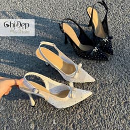 Giày cao gót lưới đính đá 1-5-7-9 phân, Sandal lụa lưới đính nơ sang trọng - U156 9