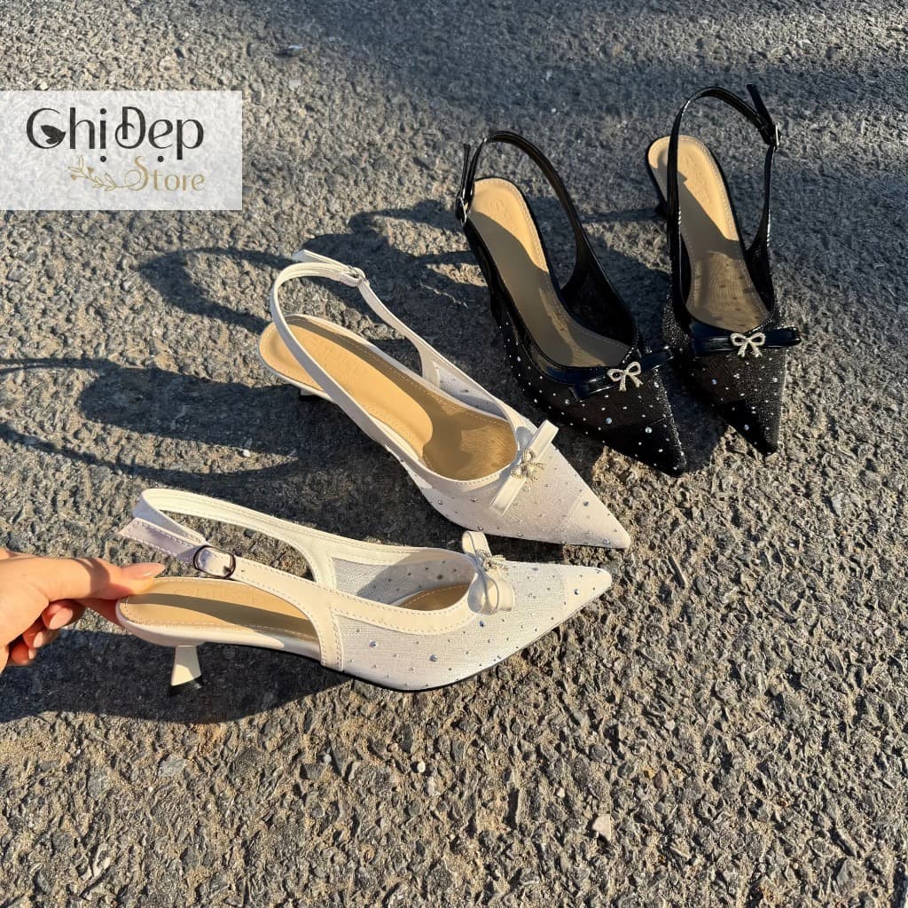 Giày cao gót lưới đính đá 1-5-7-9 phân, Sandal lụa lưới đính nơ sang trọng - U156