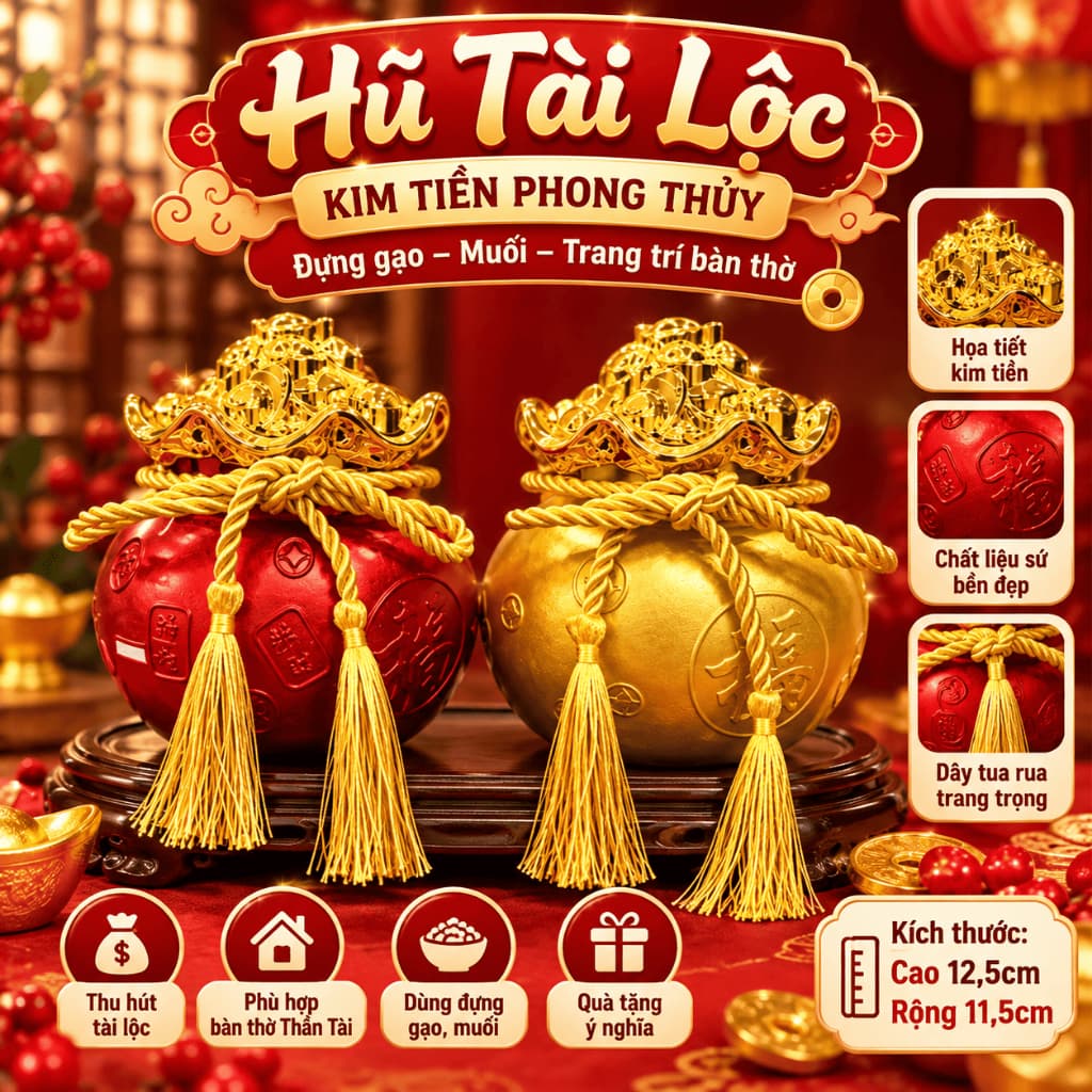 Hũ Tài Lộc Kim Tiền Phong Thủy, Hũ Đựng Gạo Muối Trang Trí Bàn Thờ Thần Tài, Kích Thước 12.5x11.5cm