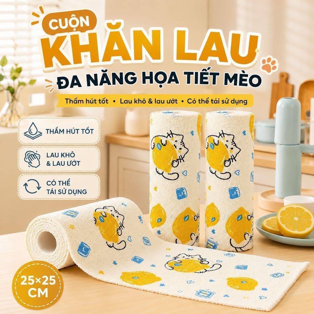 Cuộn Khăn Lau Đa Năng Hình Mèo Thấm Hút Tốt 25x25cm, Khăn Lau Bếp Dùng Khô Ướt, Giặt Tái Sử Dụng Tiện Lợi
