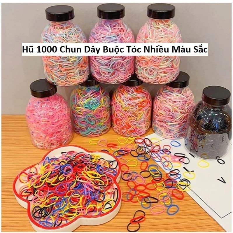 Hũ 1000 Chun Dây Buộc Tóc Nhiều Màu Sắc và Combo 100 dây cột tóc siêu dai. LMS