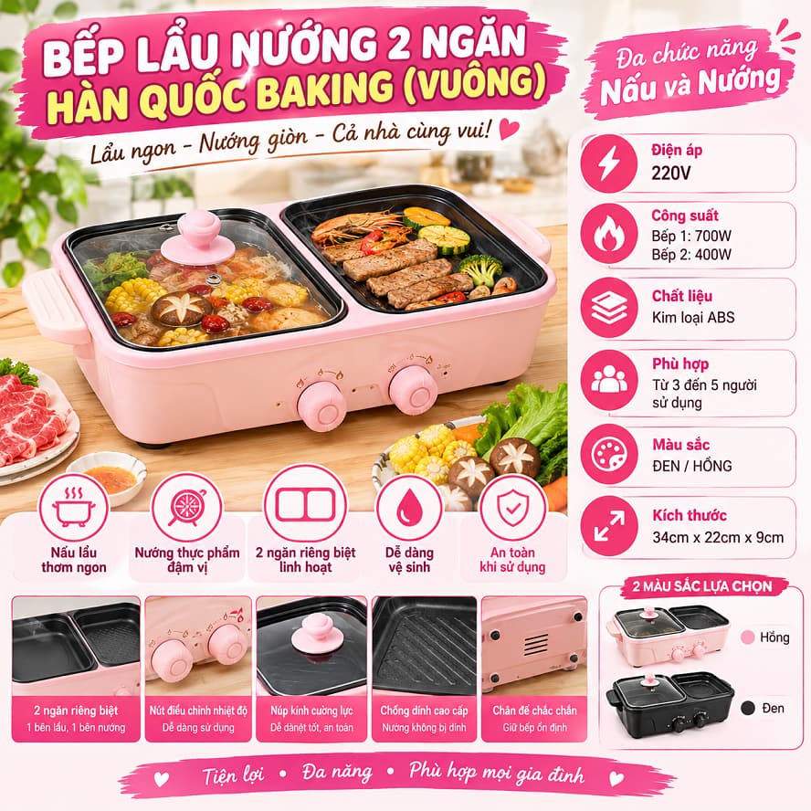 Bếp lẩu nướng 2 ngăn Hàn Quốc Baking (vuông)