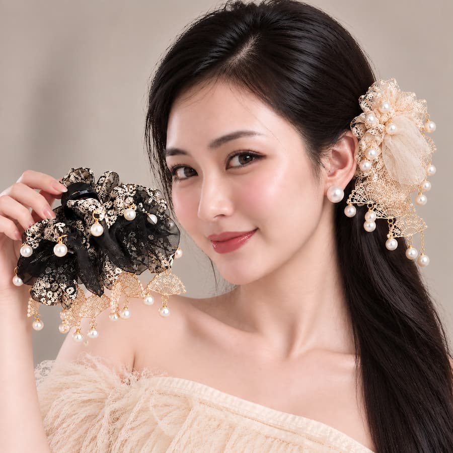Kẹp Tóc Nữ Phong Cách Trung Hoa Ren Be Đính Ngọc Trai – Kẹp Tóc Cổ Trang Tua Quạt Thanh Lịch Sang Trọng