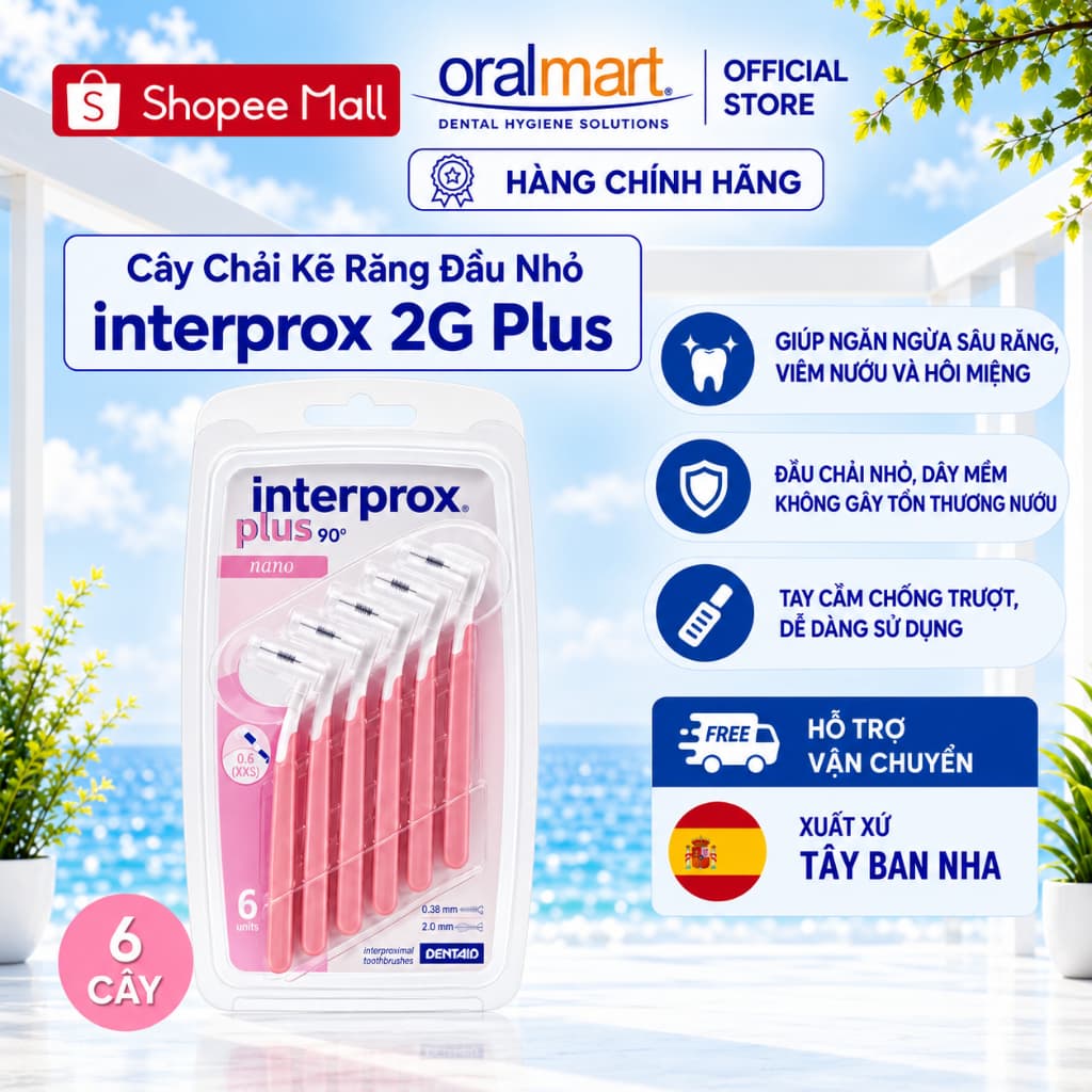 Cây Chải Kẽ Răng 2G Plus Interdental Brush Đầu Nhỏ – Dễ Chải Kẽ Răng Sau (Vỉ 6 Cây) Nhập Khẩu Tây Ban Nha