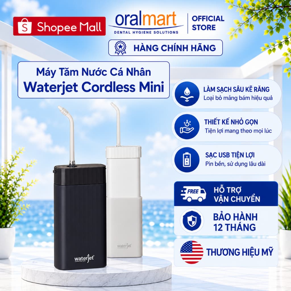 Máy tăm nước cá nhân không dây Waterjet Cordless Mini (4 đầu tăm,dùng được cho người niềng răng,răng sứ,có đầu cạo lưỡi)