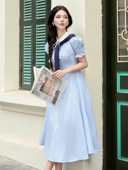 Đầm váy dài, Đầm thiết kế chất Thô sọc dài nút bọc cổ sen cột dây nơ tay búp phối Ren thanh lịch 5