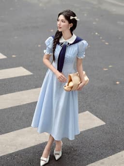 Đầm váy dài, Đầm thiết kế chất Thô sọc dài nút bọc cổ sen cột dây nơ tay búp phối Ren thanh lịch 4