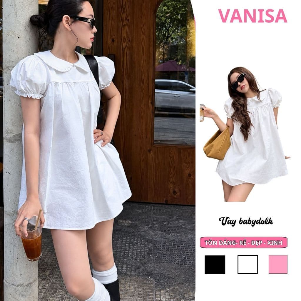 Set Váy Babydoll Nữ Kèm Quần Cổ Sen Tay Phồng Form Rộng Trắng Dáng Ngắn Hot Trend VANISA VKQ99