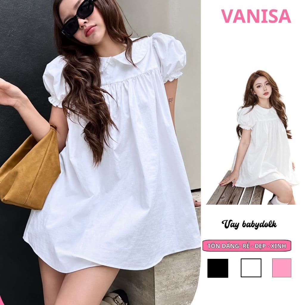 Váy Nữ Babydoll Cổ Sen Dáng Ngắn Tay Phồng Kèm Quần trắng Phong Cách Dễ Thương VANISA VKQ99