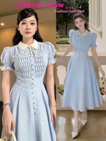Đầm váy dài, Đầm thiết kế chất Thô sọc dài nút bọc cổ sen cột dây nơ tay búp phối Ren thanh lịch