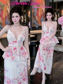 Set váy dài, Set đi biển chất Lụa Hoa áo 2 dây cổ V chiết eo phối chân váy hoa dáng dài trẻ trung 1