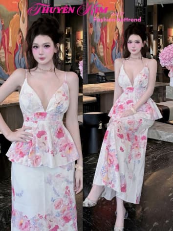 Set váy dài, Set đi biển chất Lụa Hoa áo 2 dây cổ V chiết eo phối chân váy hoa dáng dài trẻ trung