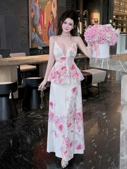 Set váy dài, Set đi biển chất Lụa Hoa áo 2 dây cổ V chiết eo phối chân váy hoa dáng dài trẻ trung 2