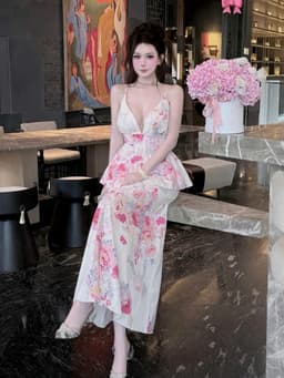 Set váy dài, Set đi biển chất Lụa Hoa áo 2 dây cổ V chiết eo phối chân váy hoa dáng dài trẻ trung 3