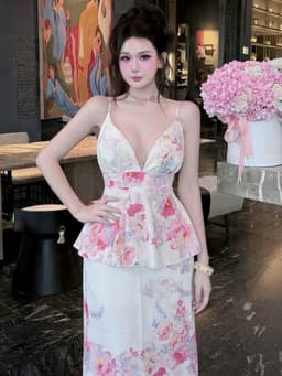 Set váy dài, Set đi biển chất Lụa Hoa áo 2 dây cổ V chiết eo phối chân váy hoa dáng dài trẻ trung 4
