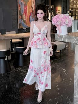Set váy dài, Set đi biển chất Lụa Hoa áo 2 dây cổ V chiết eo phối chân váy hoa dáng dài trẻ trung 5
