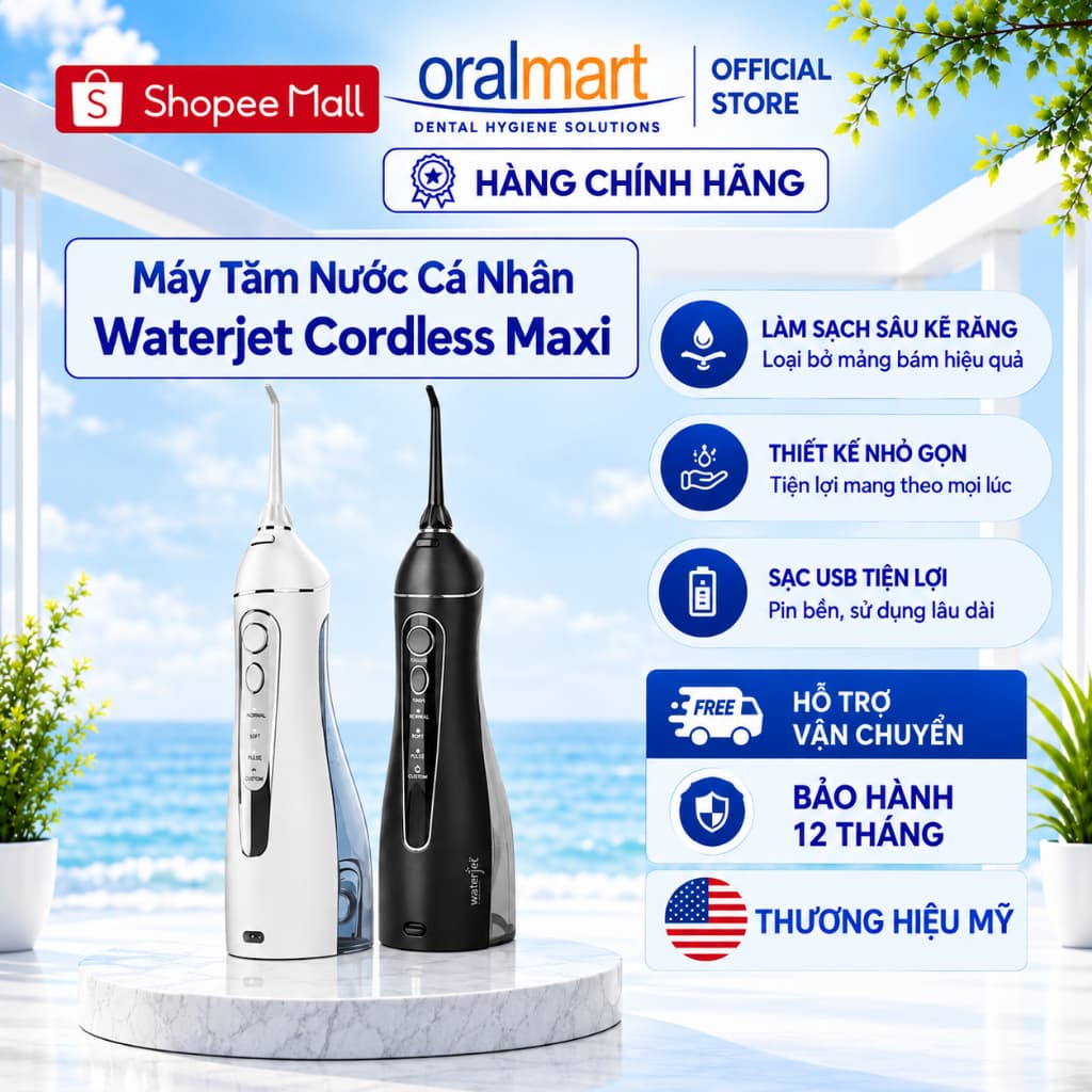 Máy Tăm Nước Waterjet Flosser Cordless Maxi, Không Dây, Dùng Được Cho Người Niềng Răng, Bảo Hành 12 Tháng