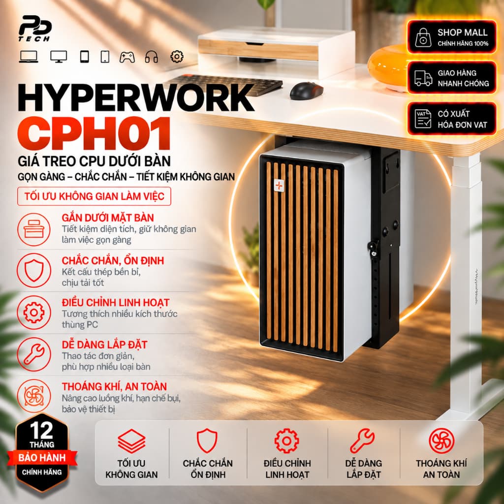 Giá Treo CPU HyperWork CPH01, Kệ Treo Thùng Máy Tính Dưới Bàn, Giá Đỡ Case PC, Phụ Kiện Setup Bàn Làm Việc