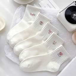 Set 5 Đôi Tất Cổ Thấp Chất Cotton Mỏng Trắng Phối Hoạ Tiết Dễ Thương Mã T171 2