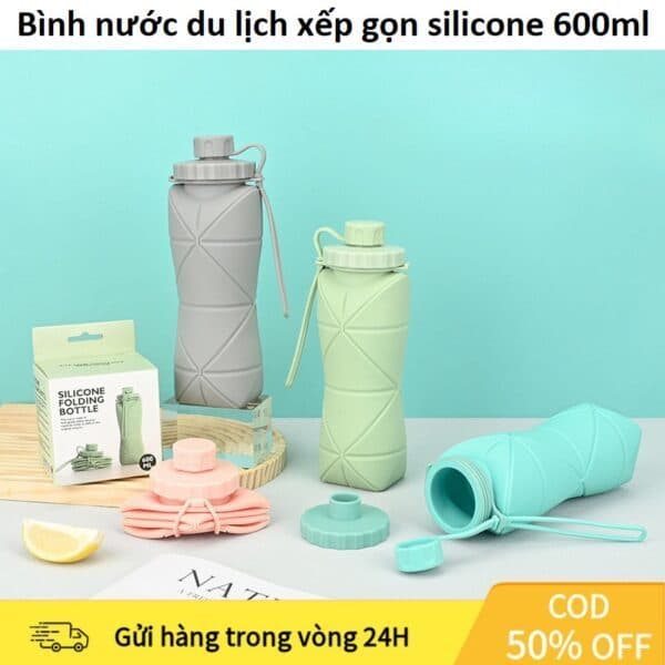 Bình nước du lịch xếp gọn silicone 600ml. LMS