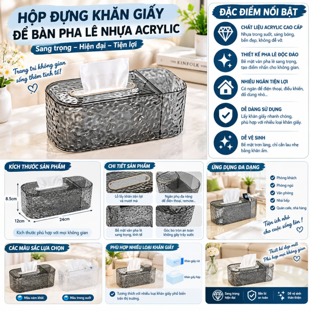 Hộp Đựng Khăn Giấy Để Bàn Pha Lê Nhựa Acrylic