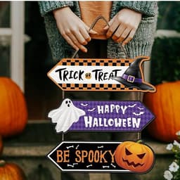 Bảng Happy Halloween, Trick or Treat, Be Spooky treo cửa gồm 3 tấm bằng gỗ có dây treo trang trí lễ hội 4