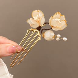 Trâm Cài Tóc Nữ Hoa Mộc Lan Trắng Đính Ngọc Trai Thanh Lịch – Trâm Hoa Cài Tóc Búi Phong Cách Cổ Trang, Nàng Thơ 4