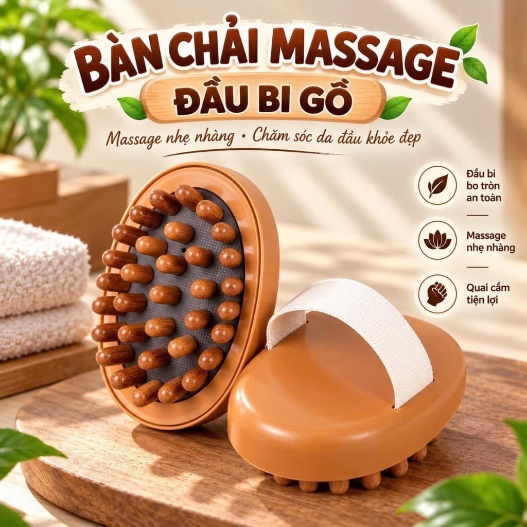 Bàn chải massage đầu bi gỗ, tay cầm nhựa chắc chắn, giúp thư giãn giảm căng cơ
