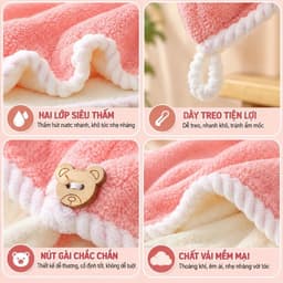 Khăn quấn tóc siêu thấm hút đính hình gấu loại tốt dày đẹp 2 lớp 40x60cm 5