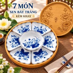Bộ Bát Đĩa Hoa Mặt Trời 7 Món Gốm Sứ Cao Cấp, Nhiều Mẫu Nấm Nâu – Viền Đen – Mai Vàng – Hoa Sen, Bộ Đĩa Bày Mâm Cơm 45CM 7