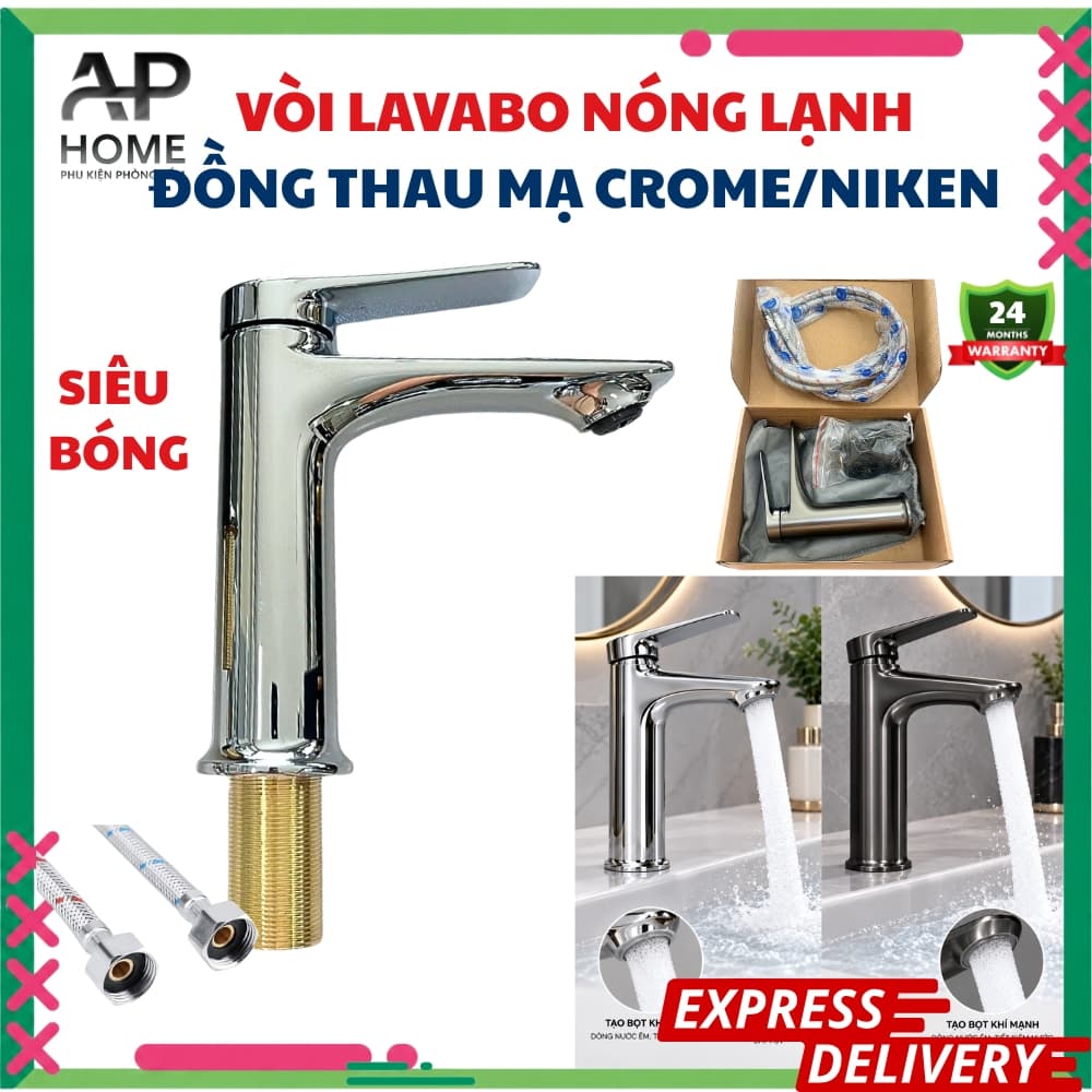 Vòi lavabo nóng lạnh đồng thau mạ crome niken – cao 17cm dài 16cm