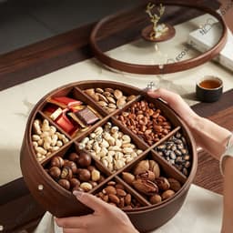 Khay Đựng Bánh Mứt Gỗ Óc Chó Tự Nhiên Nắp Kính Tròn Kèm Tay Cầm Hình Hươu Trưng Bày Bàn Sang Trọng 3