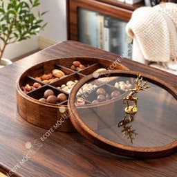 Khay Đựng Bánh Mứt Gỗ Óc Chó Tự Nhiên Nắp Kính Tròn Kèm Tay Cầm Hình Hươu Trưng Bày Bàn Sang Trọng 6