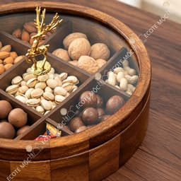 Khay Đựng Bánh Mứt Gỗ Óc Chó Tự Nhiên Nắp Kính Tròn Kèm Tay Cầm Hình Hươu Trưng Bày Bàn Sang Trọng 2