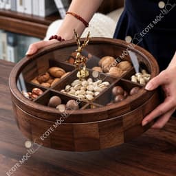 Khay Đựng Bánh Mứt Gỗ Óc Chó Tự Nhiên Nắp Kính Tròn Kèm Tay Cầm Hình Hươu Trưng Bày Bàn Sang Trọng 5