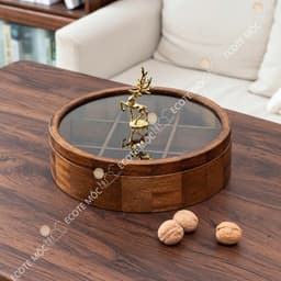 Khay Đựng Bánh Mứt Gỗ Óc Chó Tự Nhiên Nắp Kính Tròn Kèm Tay Cầm Hình Hươu Trưng Bày Bàn Sang Trọng 7