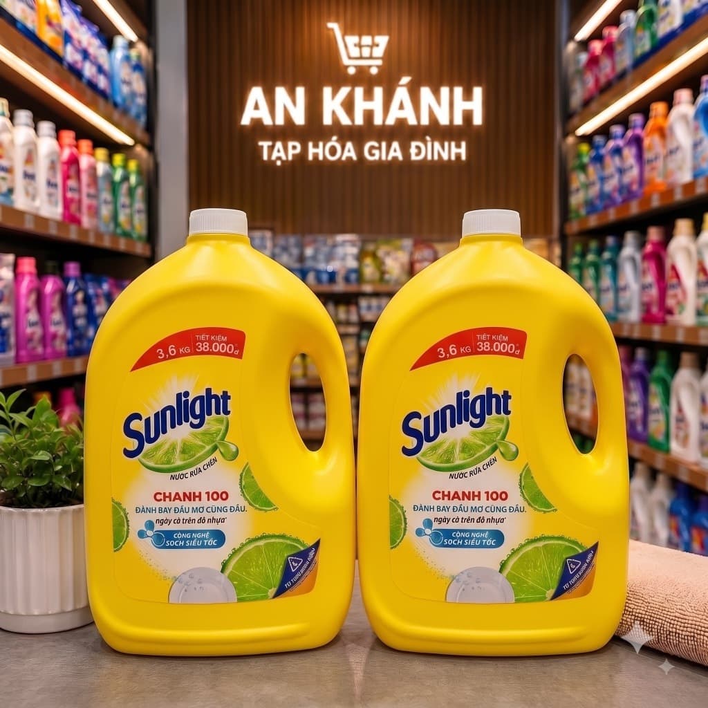 COMBO 2 Can Nước Rửa Chén Bát SUNLIGHT Chanh 100 Đánh Bay Dầu Mỡ Cứng Đầu 3,6KG/CAN