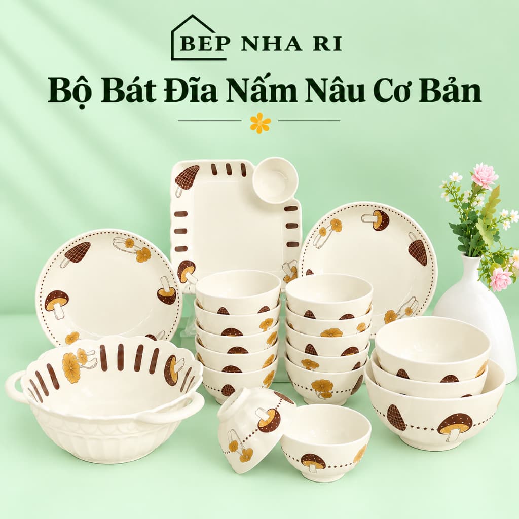 Bộ Bát Đĩa Gốm Sứ Họa Tiết Nấm Nâu CƠ BẢN Phong Cách Hàn Quốc - Bộ Đồ Ăn Cơm Gia Đình Decor Bàn Ăn Đẹp