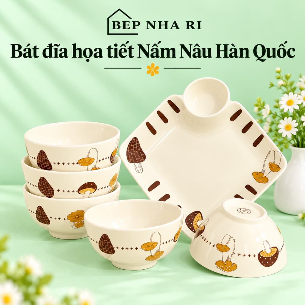 Bát Đĩa Gốm Sứ Họa Tiết Nấm Nâu Phong Cách Hàn Quốc, Bát Ăn Cơm Đẹp Dễ Thương Decor Bàn Ăn