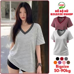 Áo Thun Nữ ESHOP MS515 Bigsize Kẻ Sọc Cổ Tim Tay Ngắn Chất Cotton Mềm Mịn Thoáng Mát Phù Hợp Mùa Hè 1