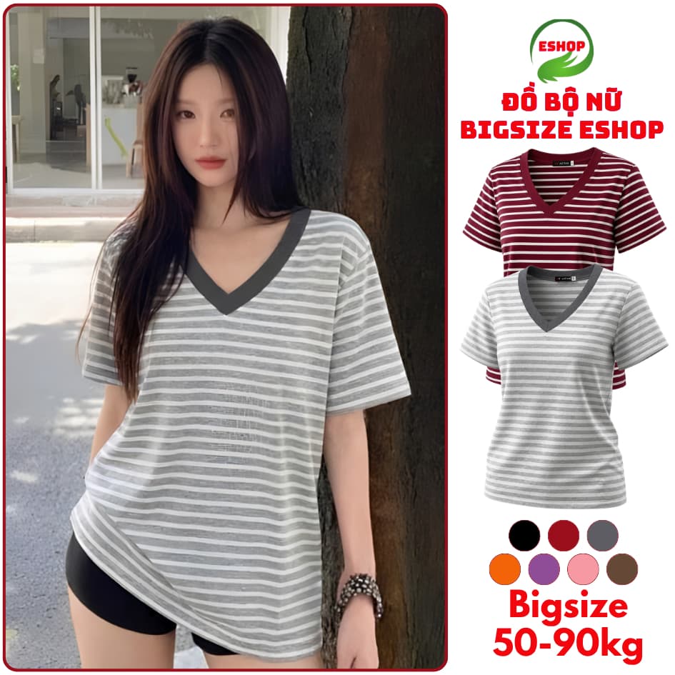 Áo Thun Nữ ESHOP MS515 Bigsize Kẻ Sọc Cổ Tim Tay Ngắn Chất Cotton Mềm Mịn Thoáng Mát Phù Hợp Mùa Hè