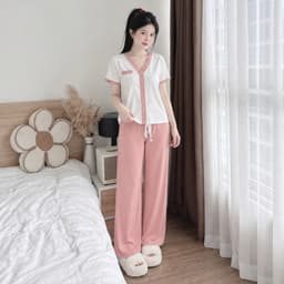 Đồ Bộ Bigsize Nữ Thun Gân Quần Ống Rộng Suông - Đồ Mặc Nhà Nữ Vải Đũi Xốp Thoáng Mát ESHOP DB368 2